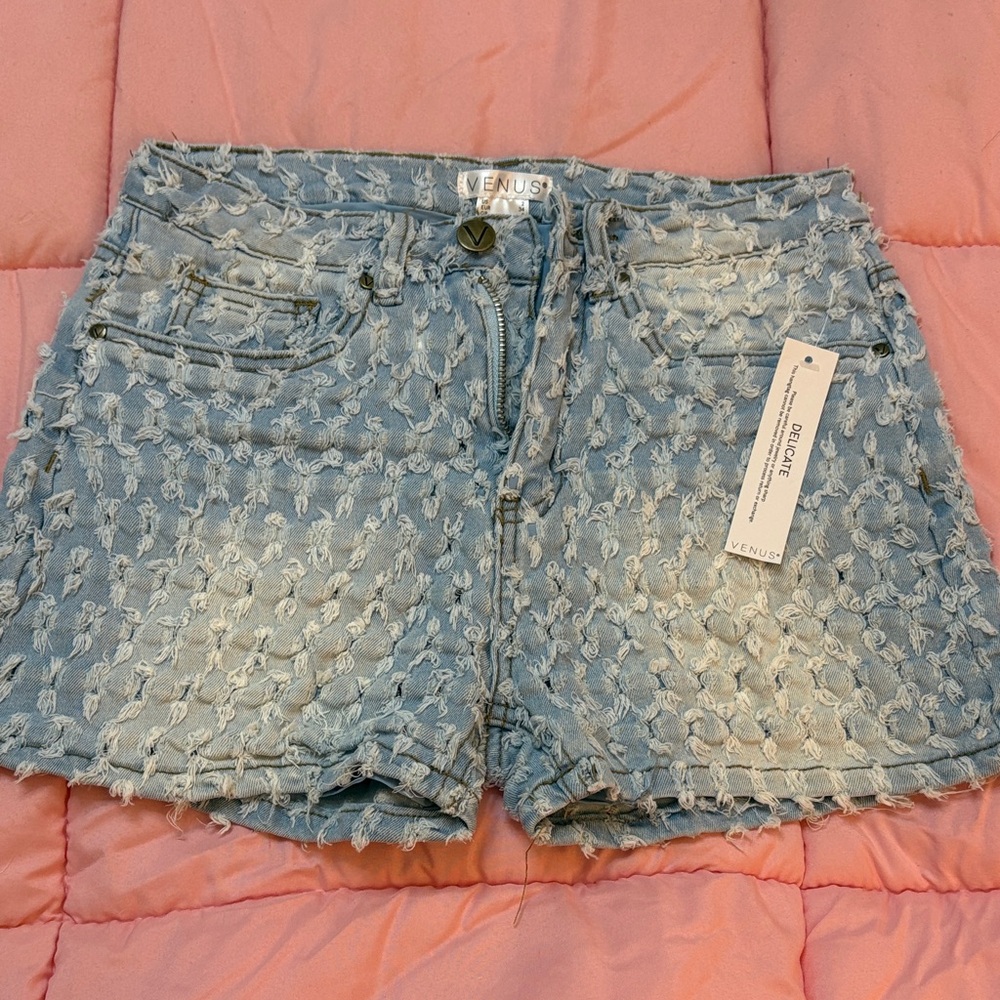 VENUS Light Blue Textured Jean Shorts